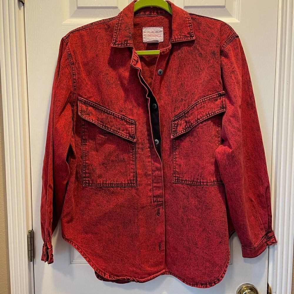 Sundance Vintage Red and Black Acid Washed Jean Shirt Made in The USA L